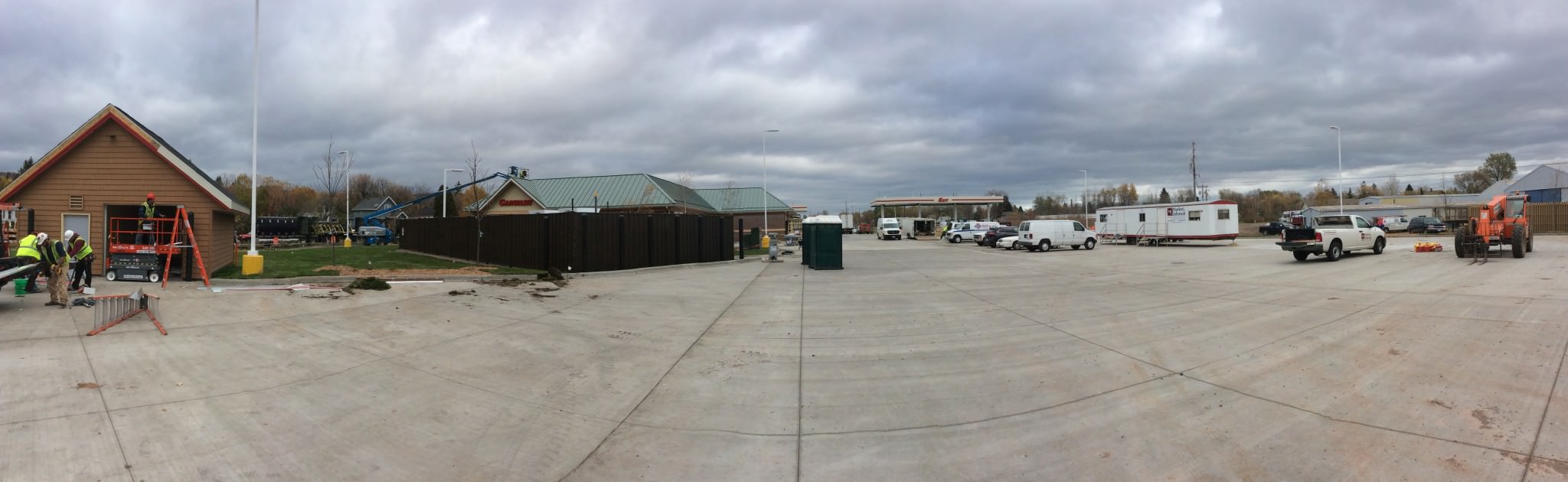 Gas station construction panorama view of electrical work